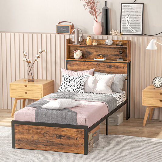 Industrial Chic Single Bed Frame with Storage Headboard & Under-Bed Space