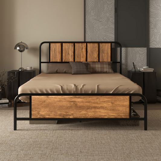 Industrial Steel Double Bed Frame with Headboard - Space-Saving Vintage Style