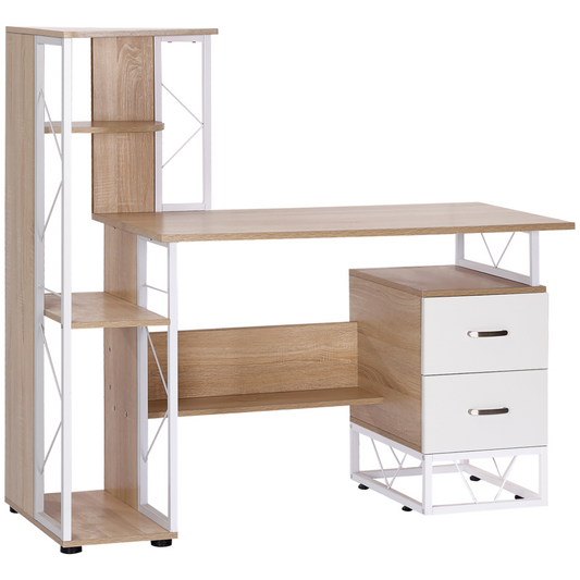Elegant Oak & White Workstation Desk with 2 Drawers and Multi-Shelf Design