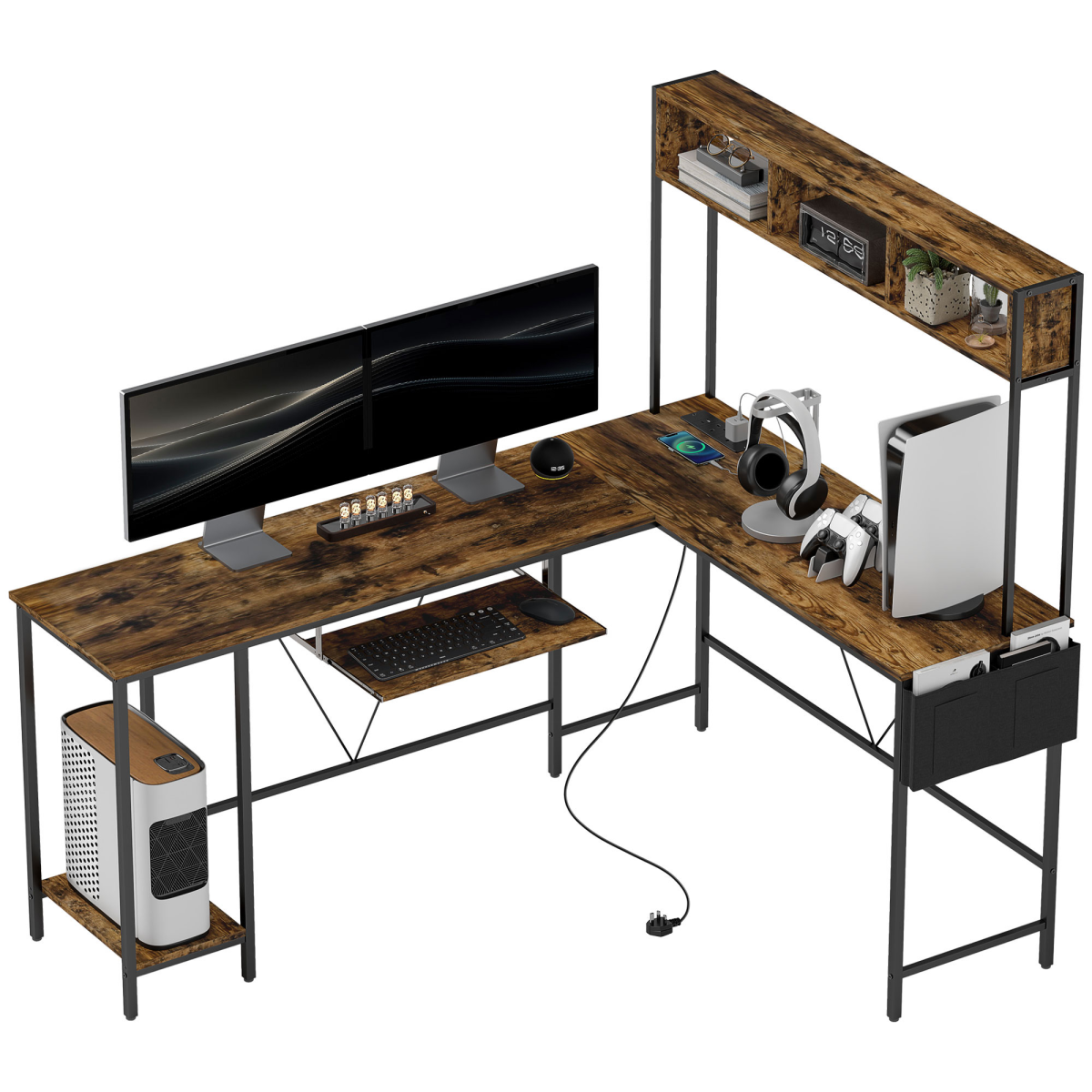L-Shaped Reversible Corner Desk with USB Charging for Dual Use
