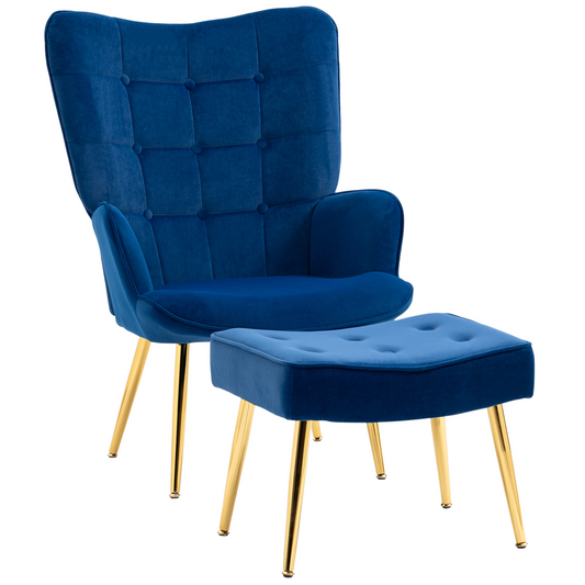 Opulent Velvet Tufted Armchair & Footstool with Gold Legs - Dark Blue