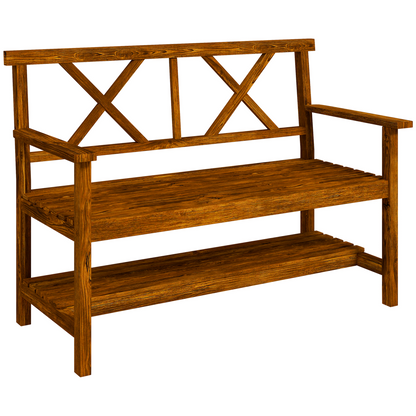 Outsunny 2-Seater Outdoor Wooden Garden Bench with Storage Shelf, Carbonized