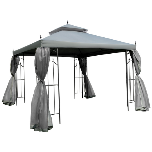 Garden Gazebo Double Top Gazebo Canopy w/ Curtains Grey 3 x 3(m)