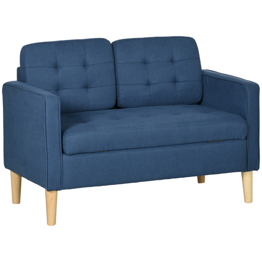 Compact Loveseat Sofa 2 Seater Sofa with Storage and Wood Legs Blue