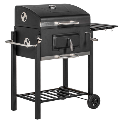 Charcoal Grill BBQ Trolley Wheels Shelf Side Thermometer Steel Black