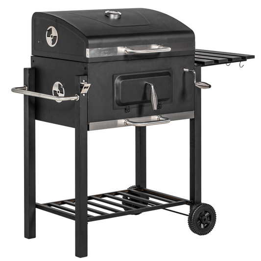 Charcoal Grill BBQ Trolley Wheels Shelf Side Thermometer Steel Black