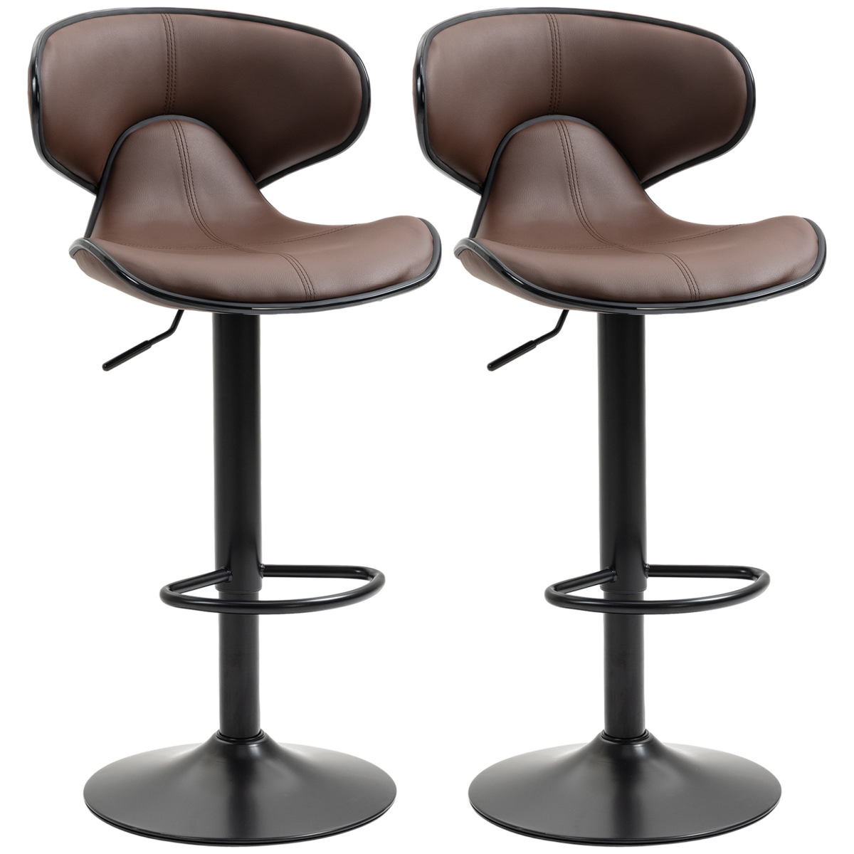 Set of 2 Gas Lift Bar Stools with Backrest, Footrest, Brown Faux Leather