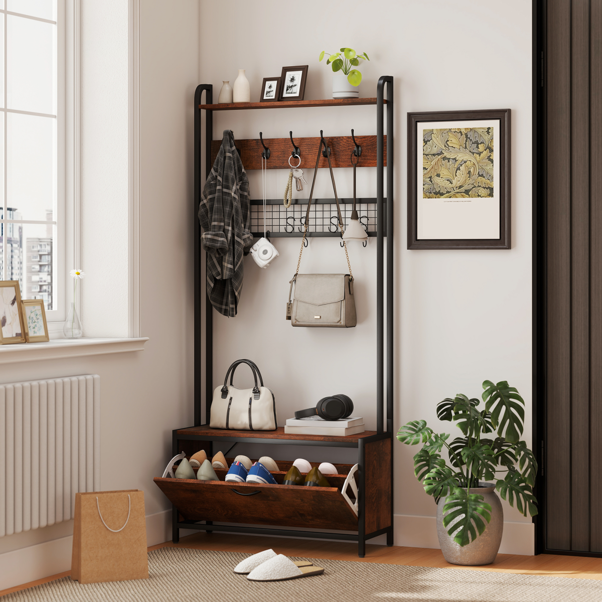 Elegant 5-in-1 Hall Tree & Entryway Bench with Shoe Storage - Rustic Charm