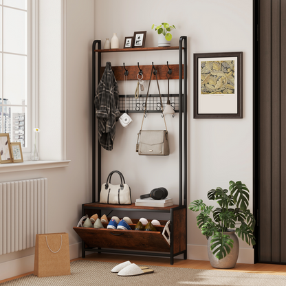 Elegant 5-in-1 Hall Tree & Entryway Bench with Shoe Storage - Rustic Charm