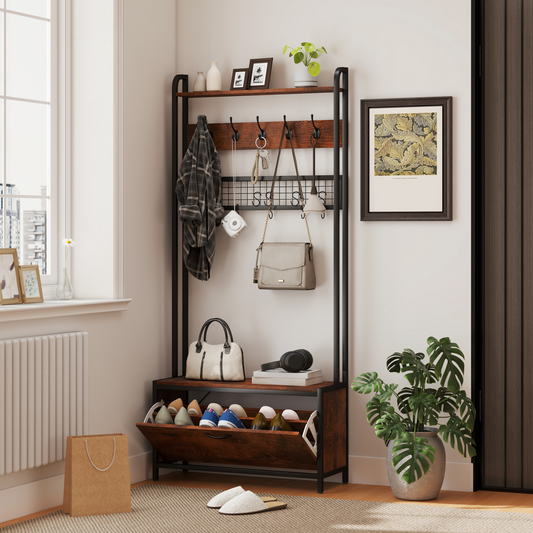 Elegant 5-in-1 Hall Tree & Entryway Bench with Shoe Storage - Rustic Charm